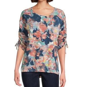 Westbound Women Knit Dark Denim Blur Floral 3/4 Ruched Sleeve Top XL